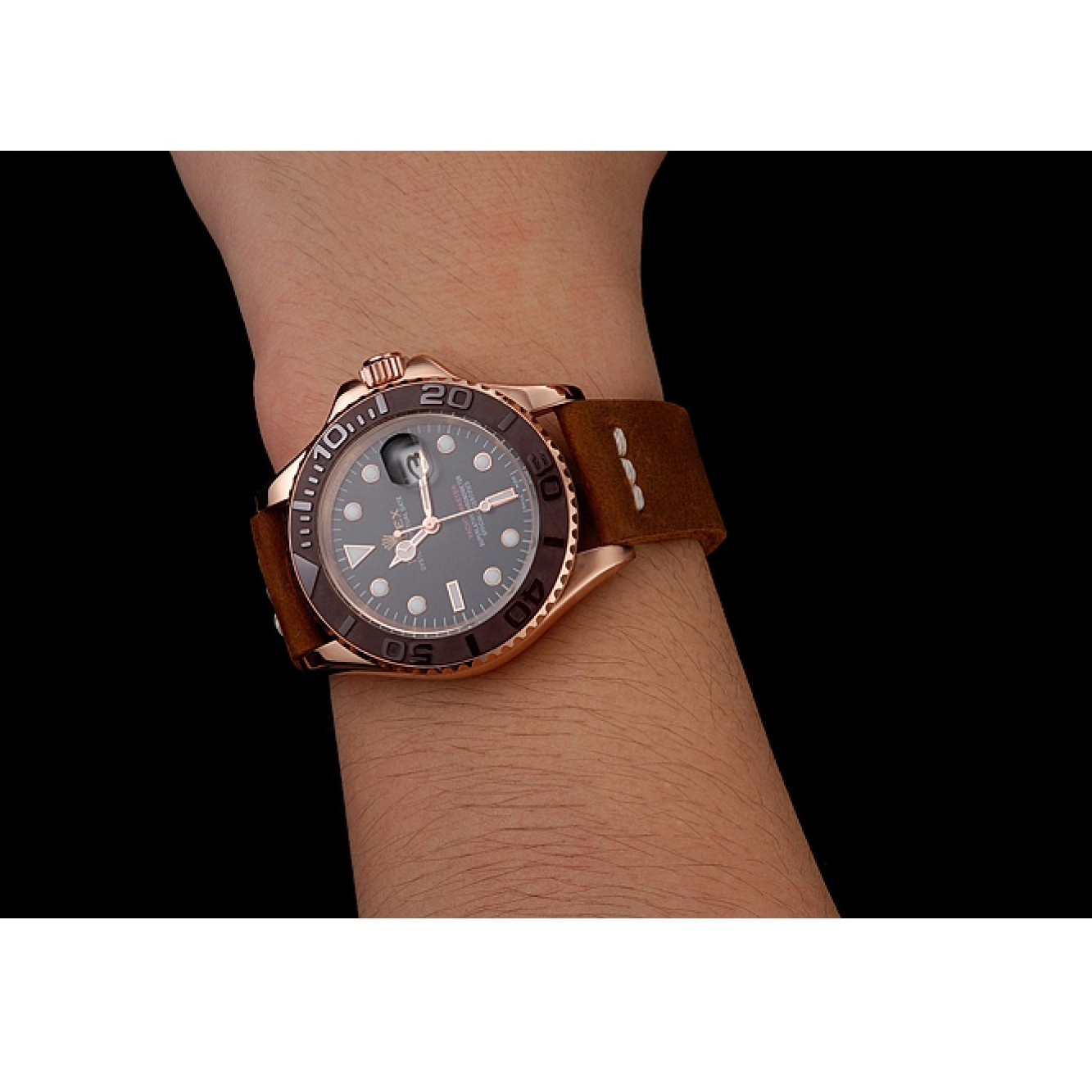 Good Copy Rolex Watches Black Rolex Bezel Brown 1453860 Leather Bracelet Yacht Rose Dial Case Gold Brown Master 0806